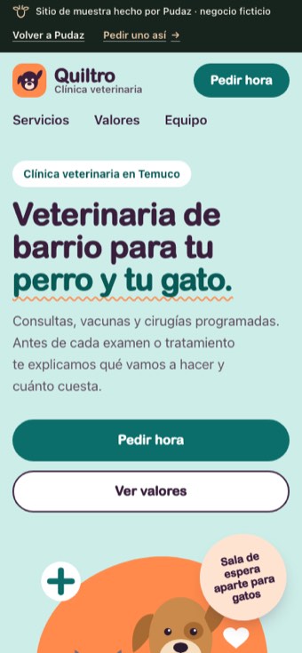 Sitio de muestra de una veterinaria, visto en un celular