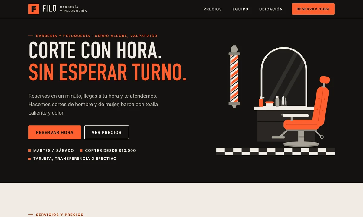 Portada de la muestra Filo: fondo negro, el título en mayúsculas «Corte con hora. Sin esperar turno.» en blanco y naranjo, y una ilustración de un sillón de barbero frente a un espejo, junto a un poste de barbería.