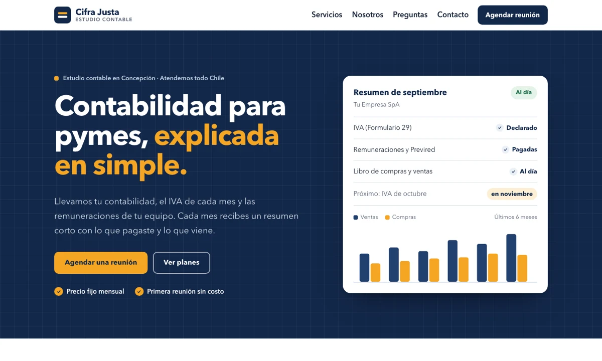 Portada de la muestra Cifra Justa: fondo azul marino con cuadrícula, el título «Contabilidad para pymes, explicada en simple.» y una tarjeta con el resumen mensual de un cliente, con el IVA declarado, las remuneraciones pagadas y un gráfico de ventas y compras.