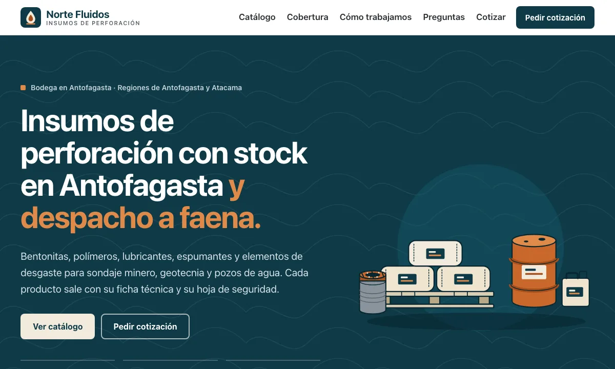 Portada de la muestra Norte Fluidos: fondo azul petróleo con líneas de contorno, el título «Insumos de perforación con stock en Antofagasta y despacho a faena.» y una ilustración de un pallet con sacos, un tambor y una corona de perforación.
