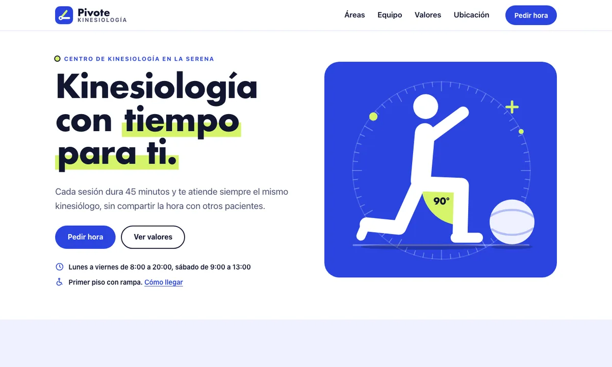 Portada de la muestra Pivote Kinesiología: fondo blanco, el título «Kinesiología con tiempo para ti.» con un resaltado verde lima y una ilustración azul de una persona haciendo una estocada, con el ángulo de la rodilla marcado.