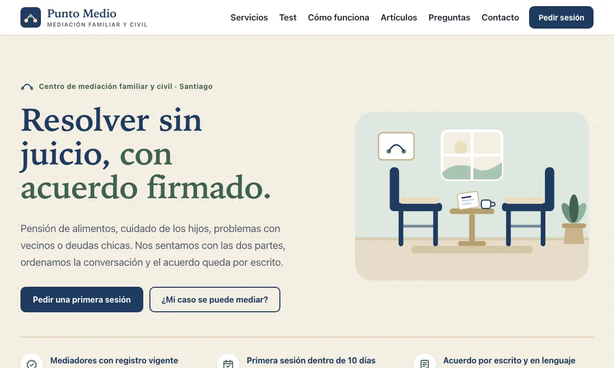 Portada de la muestra Punto Medio: fondo arena, el título «Resolver sin juicio, con acuerdo firmado.» en azul y verde salvia, dos botones y una ilustración de dos sillas frente a frente con una mesa pequeña.