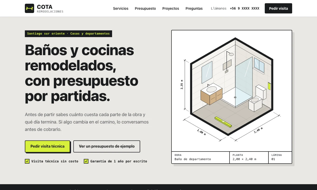 Portada de la muestra Cota Remodelaciones: fondo gris hormigón, el título «Baños y cocinas remodelados, con presupuesto por partidas.» y el dibujo isométrico de un baño con sus medidas.