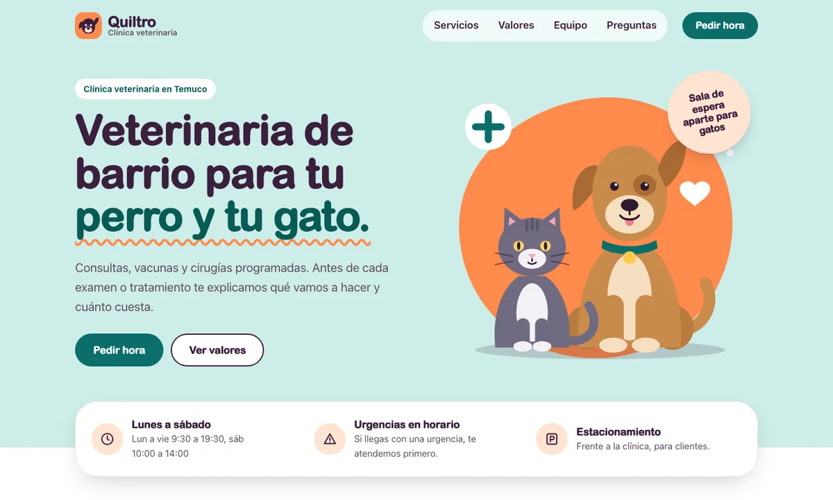 Portada de la muestra Quiltro: fondo verde agua, el título «Veterinaria de barrio para tu perro y tu gato.», una ilustración de un perro y un gato sobre un círculo naranjo y, abajo, una franja con el horario, las urgencias y el estacionamiento.